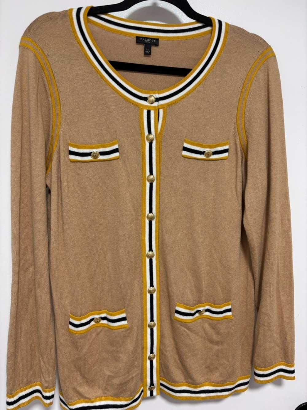 Talbots Camel Cardigan with Mustard, Black & White Trim